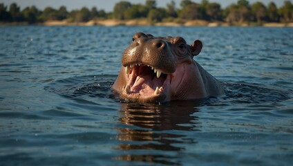 Fototapeta premium Hippopotamus yawns in blue water, showing its teeth.