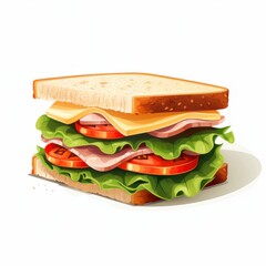 Cartoon-style illustration of a sandwich with lettuce, tomato, cucumber, cheese, and deli meat on seeded bread, set against a white background.