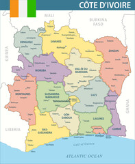 Cote D'Ivoire Map Vector New 2024 Colorful - Customizable layered political map of Cote D'Ivoire with administrative divisions for website, education, reports, news, politics, print, poster