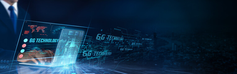 6G Technology: Ultra-connectivity, low latency, AI integration, smart devices, edge computing, enhanced speed. Businessman data analysis for performance 6G network.