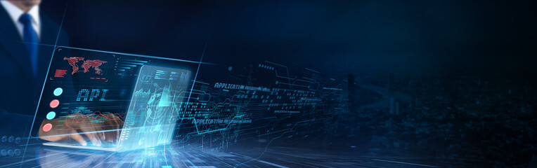 API (Application Programming Interface): Integration, data exchange, automation, connectivity, scalability, interoperability. Businessman data analysis for performance optimization network.