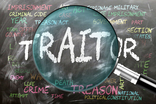 Traitor being studied, examined - under close inspection. Most important subjects and ideas closely related to traitor written on a blackboard inspected by a magnifying glass. ,3d illustration