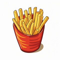 Colorful cartoon-style illustration of a red container filled with crispy golden French fries, set against a white background.