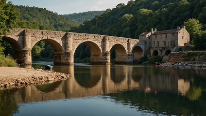 Fototapeta premium Historic stone bridge crossing a river with boats nearby.