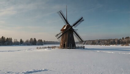 Historic windmill in a snowy Estonian landscape during winter.