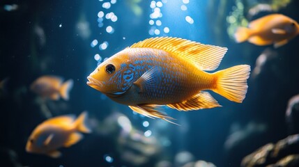 Golden fish swimming in aquarium.