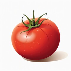 Detailed cartoon-style illustration of a single fresh tomato with a vibrant red color and green stem, set against a white background.