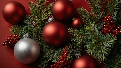 Obraz premium Holiday arrangement of ornaments and greenery on a red background.