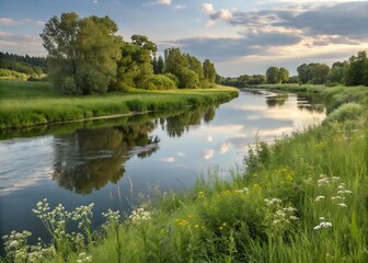 Fototapeta premium A serene river flows through a vibrant green field, surrounded by lush vegetation and clear blue skies.