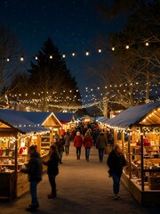 Fototapeta premium Holiday market on Christmas Eve with twinkling lights and handmade gifts.