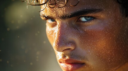 Fototapeta premium Close-up of a young male soccer player with wet skin, intense blue eyes, and focused expression, surrounded by a blurred background