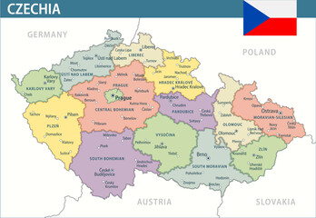 Czechia Map Vector New 2024 Colorful - Customizable layered political map of Czech Republic with administrative divisions for website, education, reports, news, politics, print, poster and wallpaper