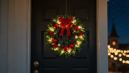 Naklejka premium Holiday wreath on a door with festive lights.