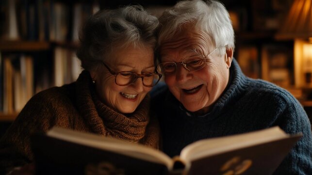 Happy senior couple laughing while reading a book together in their library.