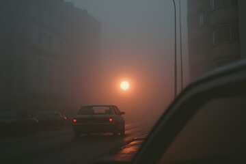 Obraz premium Fog in a Sunset Cityscape, Blurring the Skyline with Warm, Golden Light and a Mysterious Urban Atmosphere