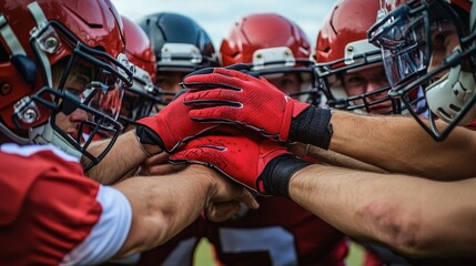 A close-up of an American football team in a huddle, with players wearing helmets and red jerseys, their hands stacked together in the center