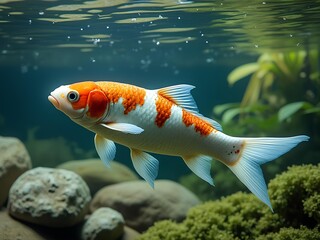 Orange white koi fish swimming in a pond with clear water, rock and green plant 