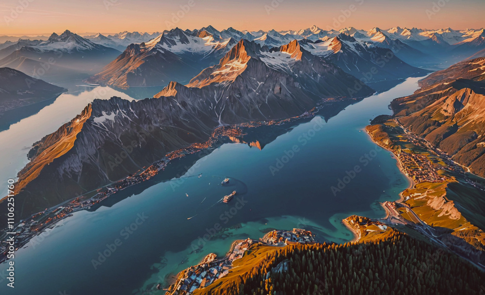 Aufkleber mountain range with a lake in the middle. the lake is surrounded by mountains and has a city on the 