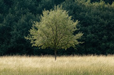 草原の中に立つ一本の木と背後の森林の風景