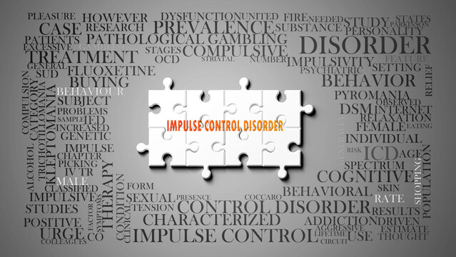 Impulse Control Disorder as a complex subject, related to important topics. Pictured as a puzzle surrounded by most important ideas and phrases related to impulse control disorder. ,3d illustration