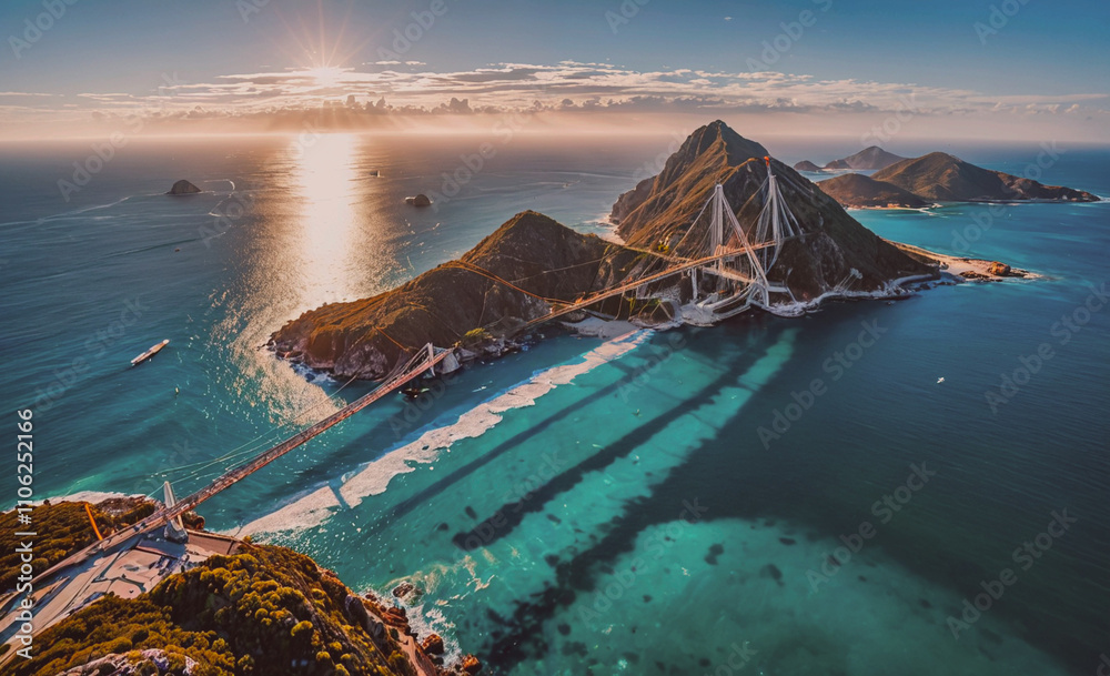Aufkleber bridge spans a body of water with a mountain in the background. the bridge is over a bay with a smal