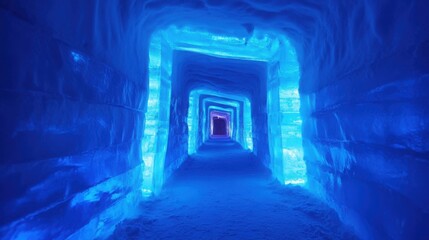 Obraz premium frozen labyrinth with translucent ice walls, glowing blue light within the ice, snowy floor
