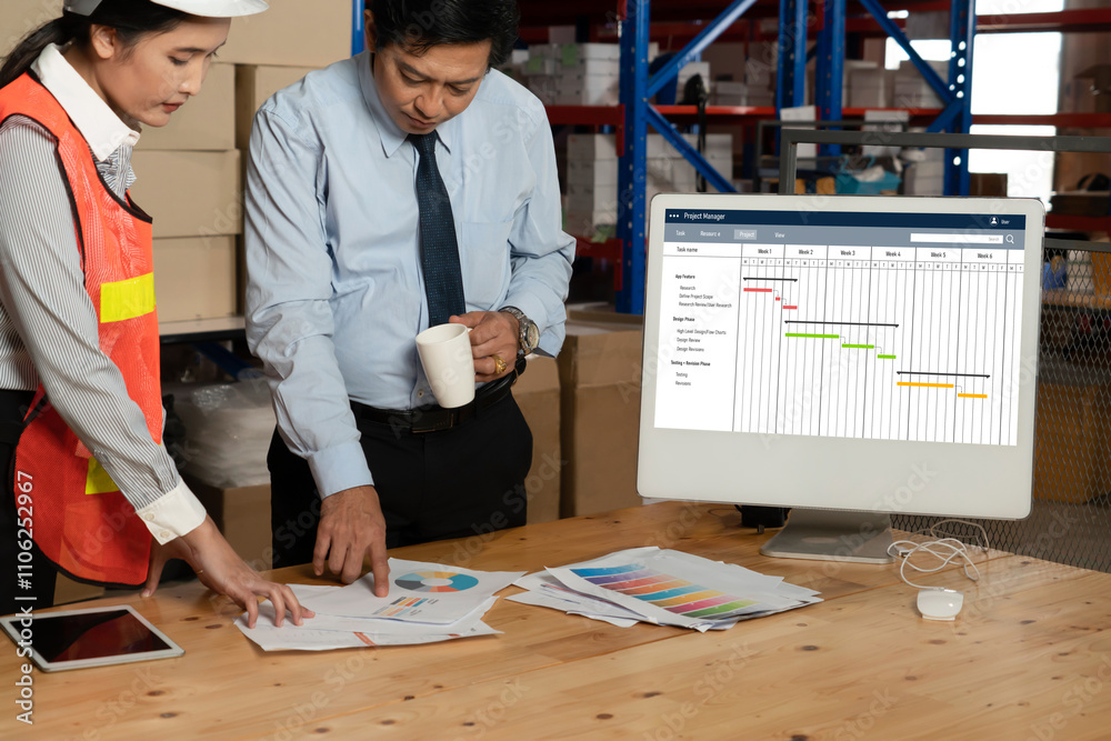 Poster project planning software for modish business project management on the computer screen showing time