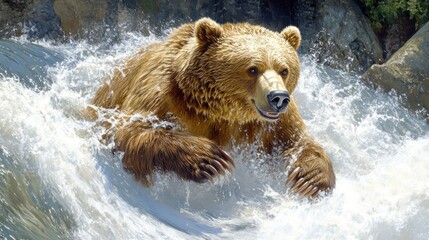 Fototapeta premium Grizzly bear fishing in a fast-flowing river.