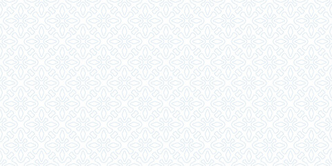 Fototapeta premium Linear vector geometric seamless pattern. Abstract minimal ornamental texture with flower silhouettes, leaves, crosses, outline shapes. Simple elegant blue and white background. Repeating geo design