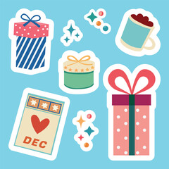 Set of New Year stickers. Cup of cocoa, gifts, calendar and New Year stars.