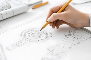 On a sheet of paper, a detailed drawing of a plane turbine, illustrating intricate mechanical design and engineering concepts, with precise lines and technical accuracy