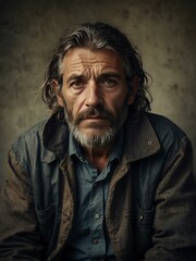 Obraz premium Homeless man with a serious expression, showing resilience.