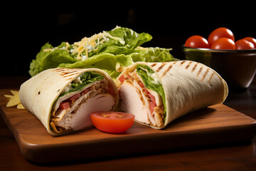 A fresh Chicken Caesar Wrap sliced open to reveal grilled chicken, crisp romaine lettuce, Parmesan cheese, and creamy Caesar dressing, served on a wooden plate with a side of cherry tomatoes.