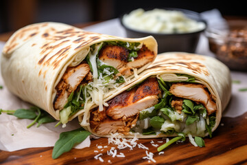 A close-up of a Chicken Caesar Wrap with perfectly grilled chicken strips, fresh greens, and shredded Parmesan spilling slightly from the tortilla, against a rustic kitchen backdrop. 