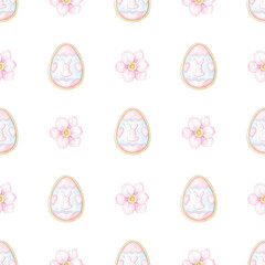 Easter eggs, flowers. Watercolor seamless pattern on white background in pastel colors. Cute illustration for Easter