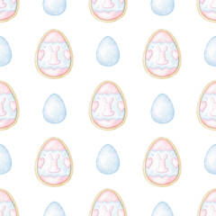 Easter eggs. Watercolor seamless pattern on white background in pastel colors. Cute illustration for Easter