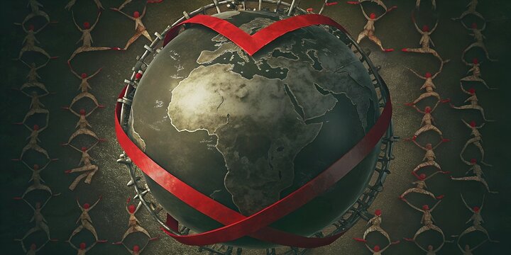A globe encircled by two red ribbons forming a heart shape. There are tiny silhouettes of people holding hands, symbolizing unity across nations. Red and white to emphasize the AIDS awareness theme.
