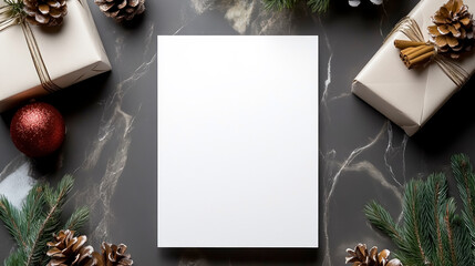 Blank white invitation mockup surrounded by festive Christmas decorations, perfect for adding a personal touch to seasonal gatherings and celebrations during the holiday season