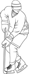 hockey player with stick in motion, vector outline illustration