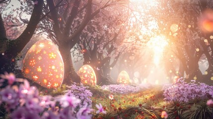 Magical Easter Fantasy Woodland with Glowing Decorated Eggs at Sunset