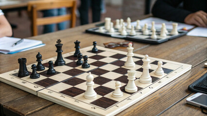 Two chess players engage in a strategic game at a wooden table during a casual gathering in an indoor space