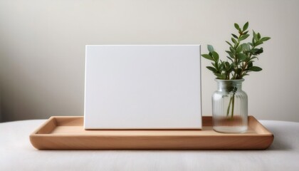Fototapeta premium Sleek home decor mockup with a blank canvas on a wooden tray and a plant in a glass vase, ideal for displaying artwork or designs