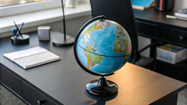 Fototapeta Desk with globe showcasing world map and stationery in well-lit workspace