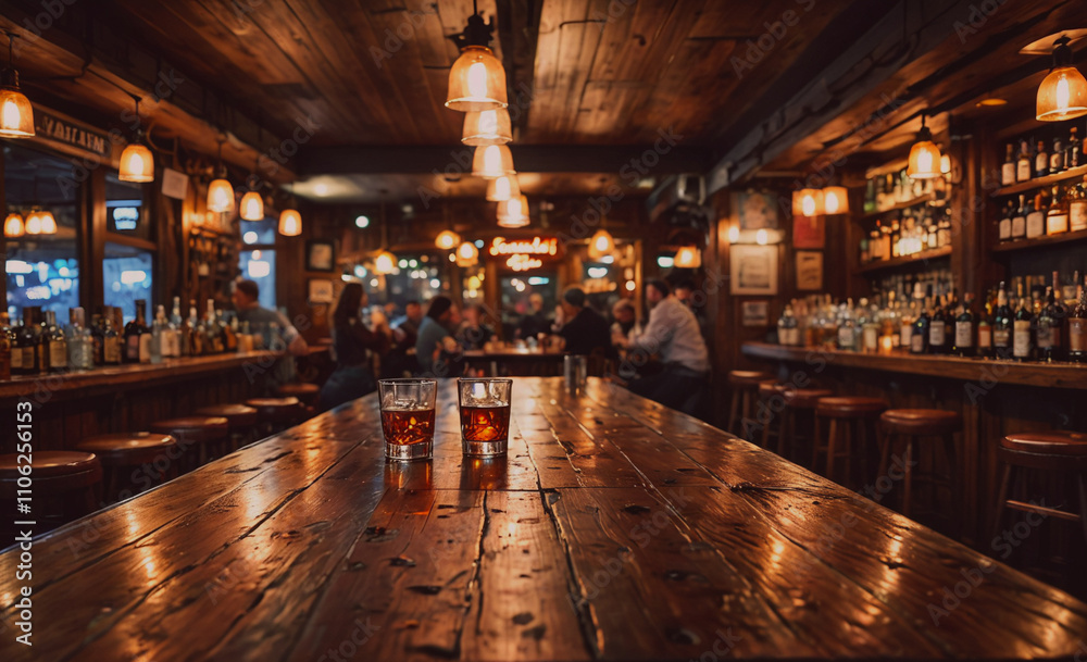 Poster bar with a wooden table and a few people sitting at it. there are three glasses on the table