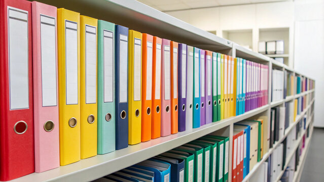 Organized collection of colorful binders on a shelf in an office library setting
