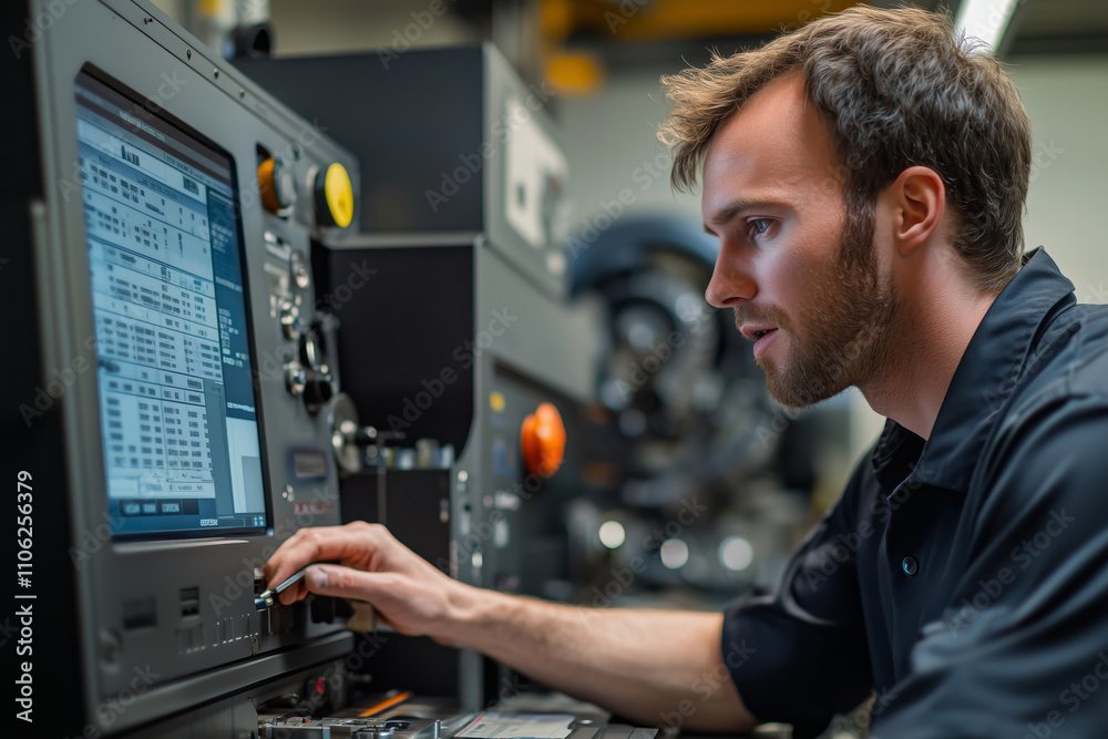 Poster CNC machine operator collaborates to enhance production efficiency in workshop