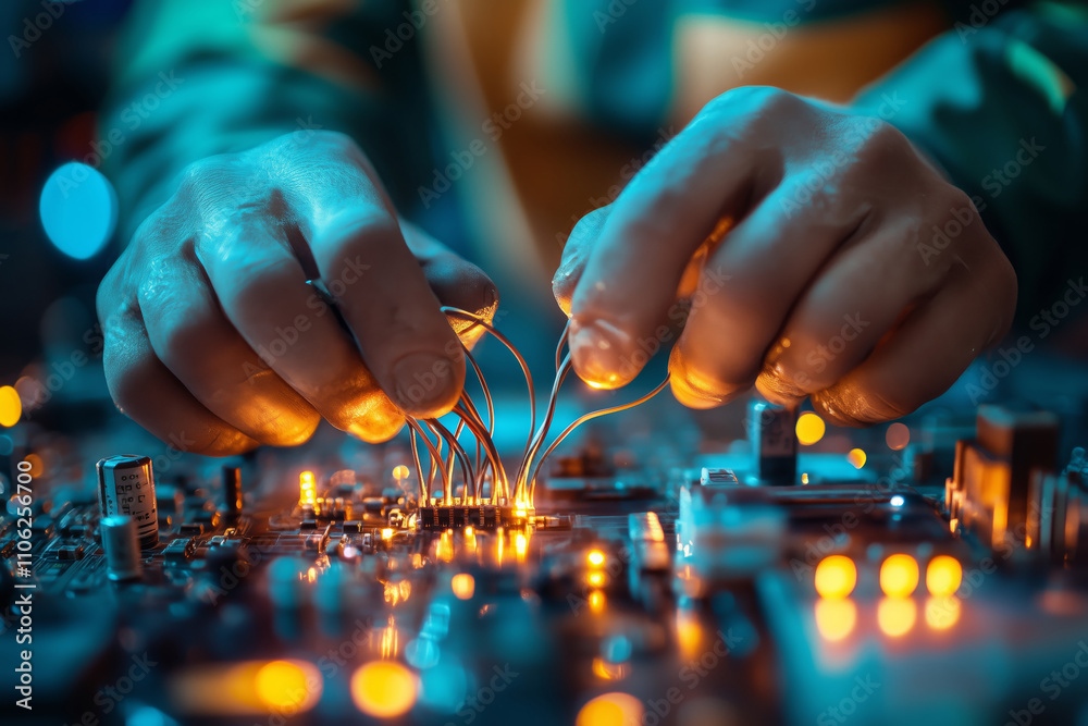 Poster Hands skillfully connecting electrical components in a workshop setting