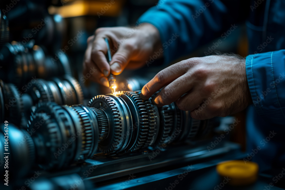 Poster Expert hands assemble mechanical components in a workshop setting