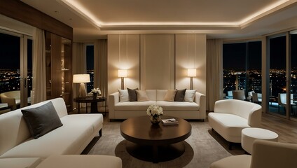 Fototapeta premium Hotel living room with white seating and ambient lighting.