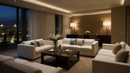 Fototapeta premium Hotel living room with white seating and ambient lighting.